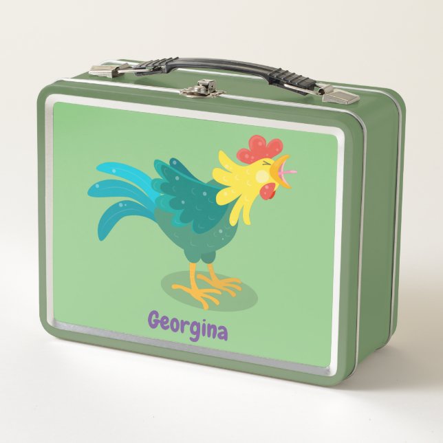 Cute funny crowing rooster cartoon illustration metal lunch box (Front)