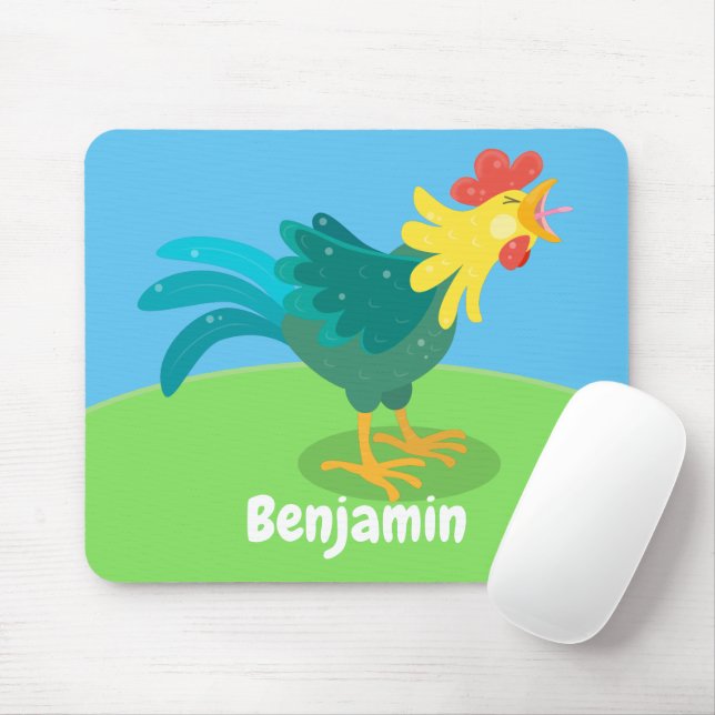 Cute funny crowing rooster cartoon illustration mouse mat (With Mouse)
