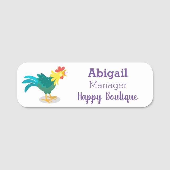 Cute funny crowing rooster cartoon illustration name tag (Front)
