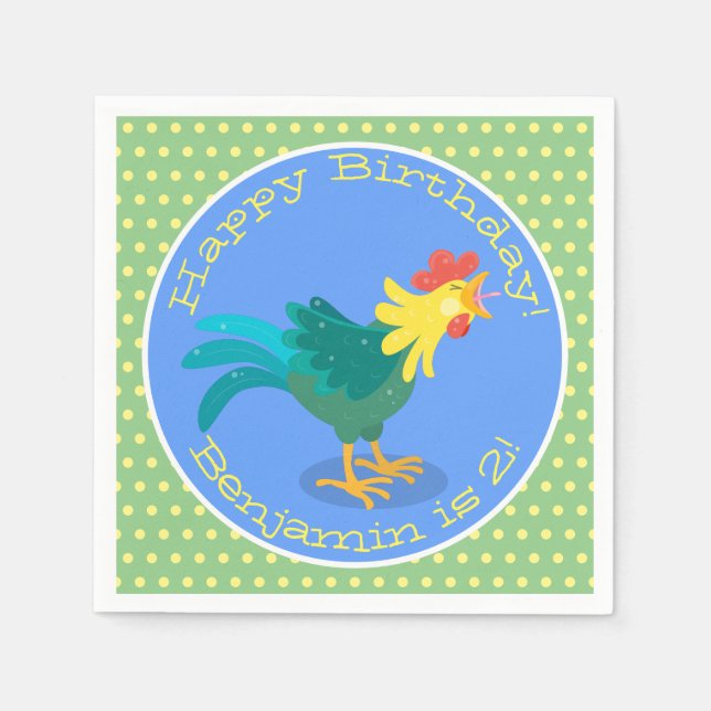Cute funny crowing rooster cartoon illustration napkin (Front)