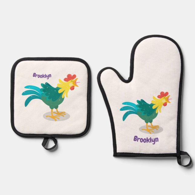 Cute funny crowing rooster cartoon illustration oven mitt & pot holder set (Front)