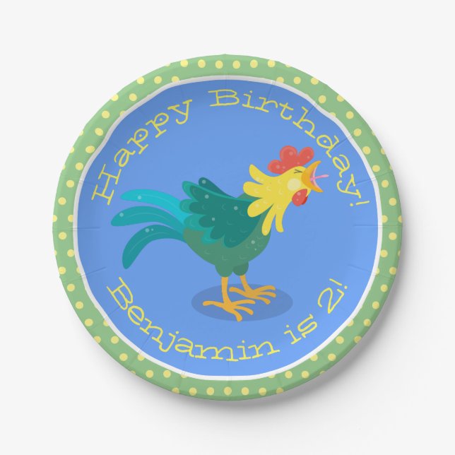 Cute funny crowing rooster cartoon illustration paper plate (Front)
