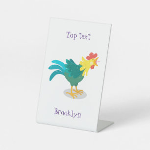 Cute funny crowing rooster cartoon illustration pedestal sign