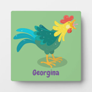 Cute funny crowing rooster cartoon illustration plaque