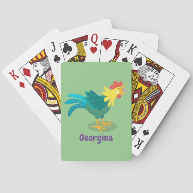 Cute funny crowing rooster cartoon illustration playing cards (Back)