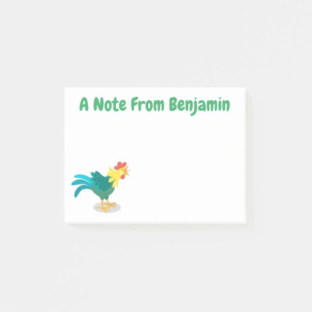 Cute funny crowing rooster cartoon illustration post-it notes (Front)