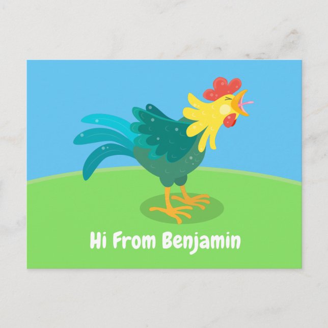 Cute funny crowing rooster cartoon illustration postcard (Front)