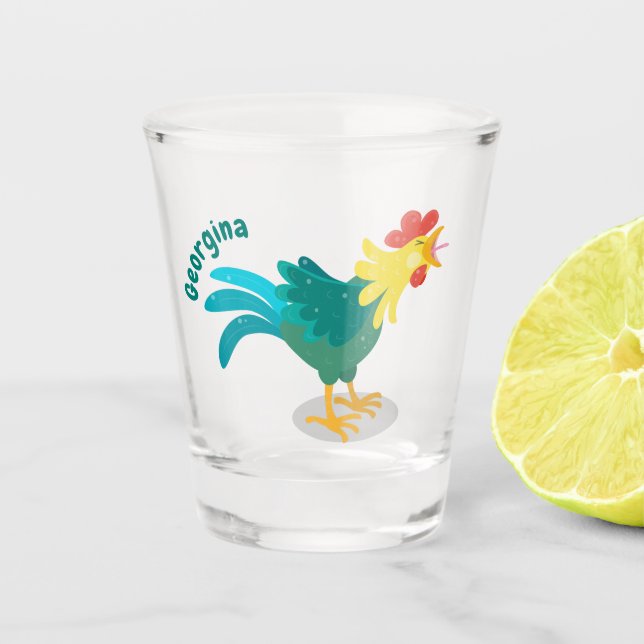 Cute funny crowing rooster cartoon illustration shot glass (Front)