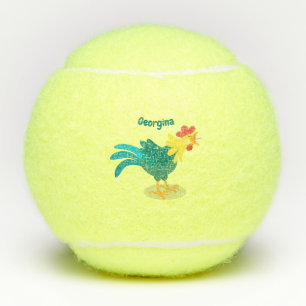 Cute funny crowing rooster cartoon illustration tennis balls