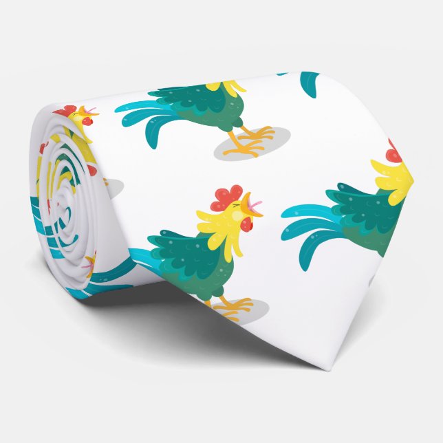 Cute funny crowing rooster cartoon illustration tie (Rolled)