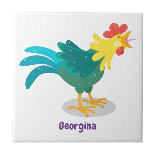 Cute funny crowing rooster cartoon illustration tile (Front)