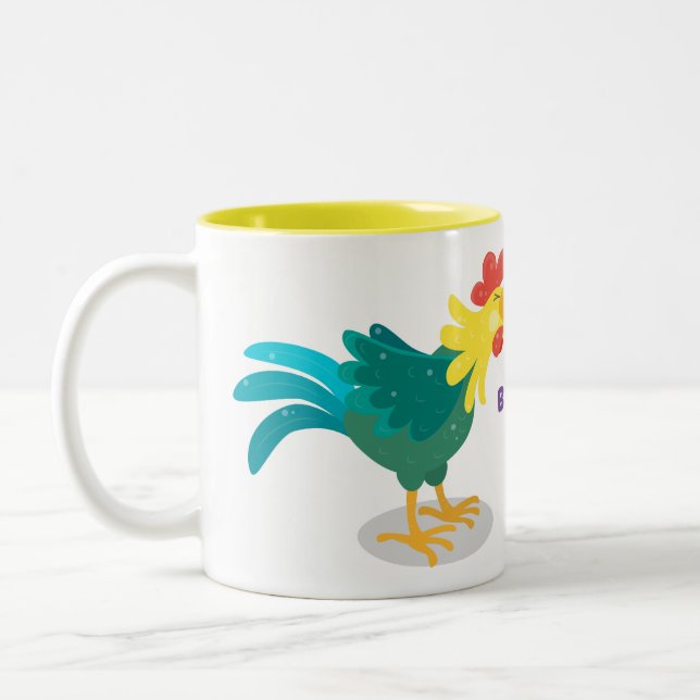 Cute funny crowing rooster cartoon illustration Two-Tone coffee mug (Left)