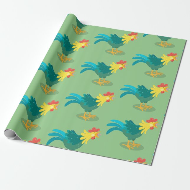 Cute funny crowing rooster cartoon illustration wrapping paper (Unrolled)