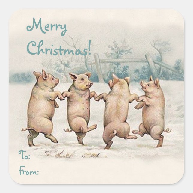 Cute Funny Dancing Pigs "Merry Christmas" Package Square Sticker (Front)