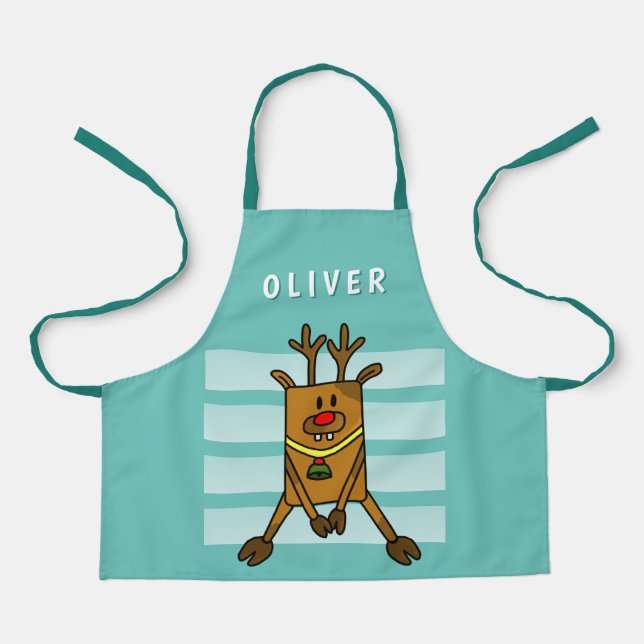 Cute Funny Deer Drawing Green Christmas Name Kids Apron (Front)