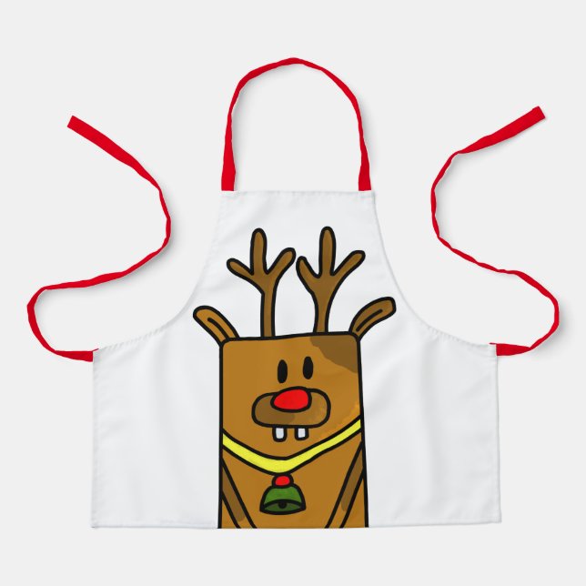 Cute Funny Deer Drawing Red Christmas Kids Apron (Front)