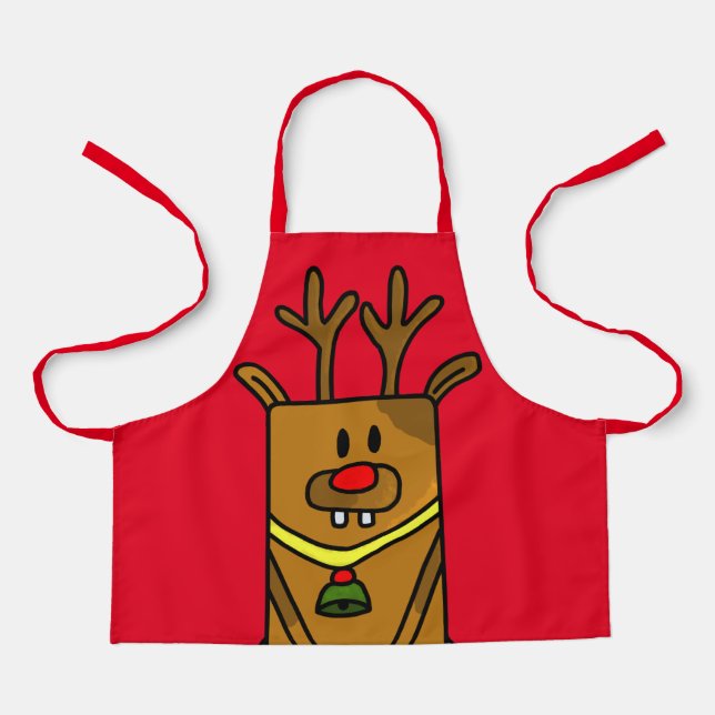 Cute Funny Deer Drawing Red Christmas Kids Apron (Front)