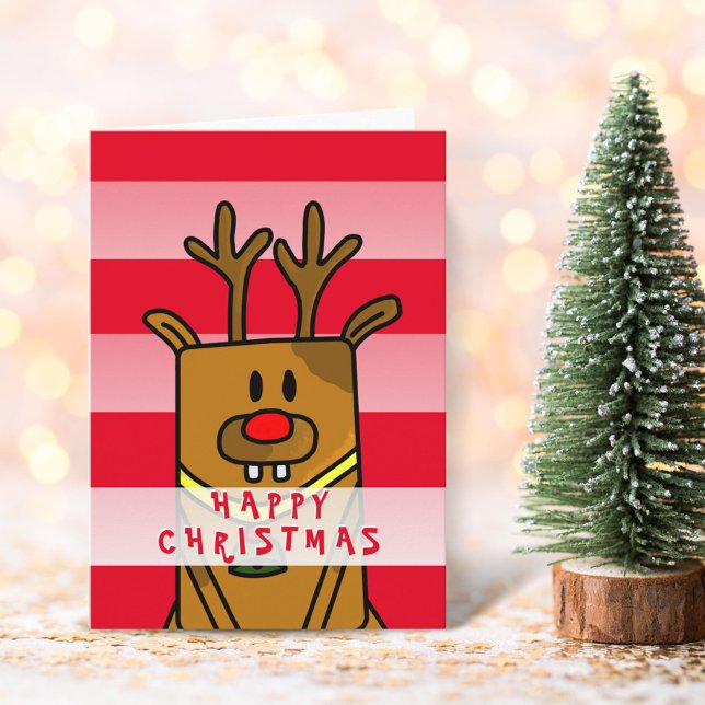 Cute Funny Deer Pink Red Happy Christmas Card (Creator Uploaded)