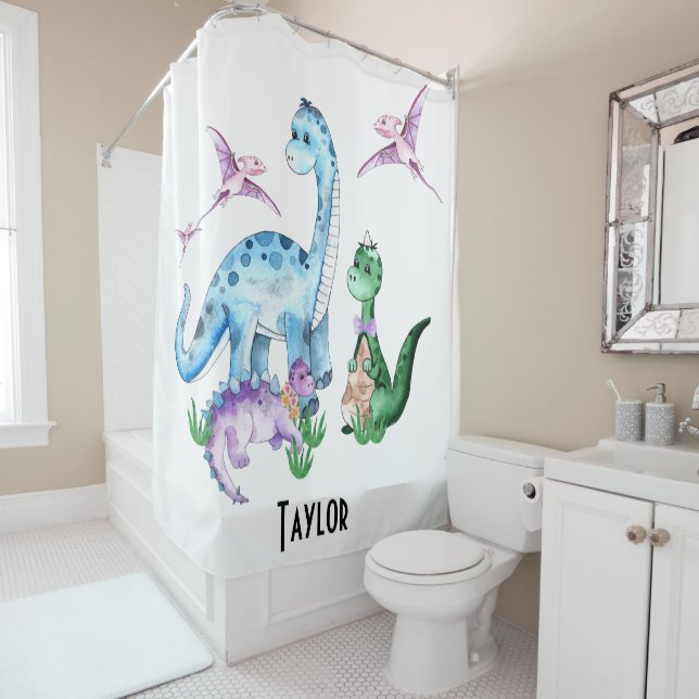  Cute Funny Dinosaurs Blue Purple Green Kids Name Shower Curtain (In Situ)