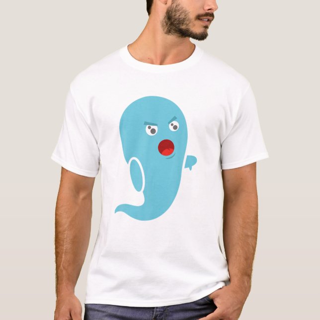 Cute Funny Disapproving Blue Ghost Halloween Carto T-Shirt (Front)