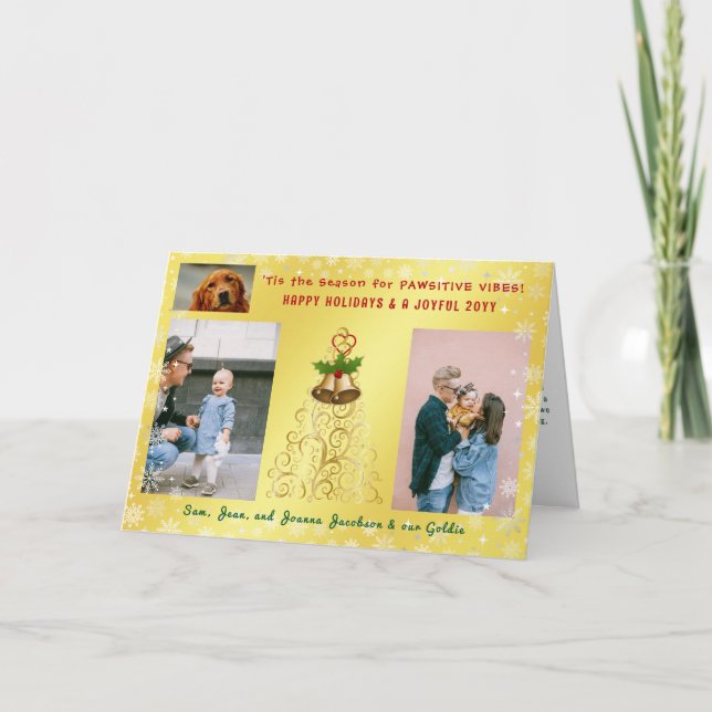 Cute Funny Dog Cat Happy Holidays 3 Photos Golden Holiday Card (Front)