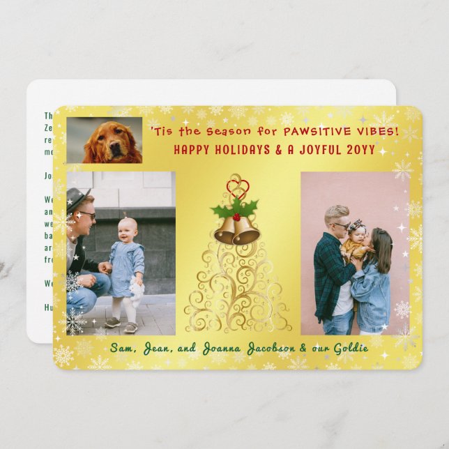 Cute Funny Dog Cat Happy Holidays 3 Photos Golden Holiday Card (Front/Back)
