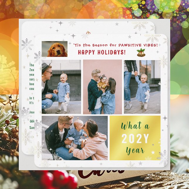 Cute Funny Dog Cat Happy Holidays 5 Photos Collage Holiday Card (Cute Funny Pet Dog Pawsitive Vibes Happy Holidays 'Tis the Season 5 Photos Golden What a Year Letter)