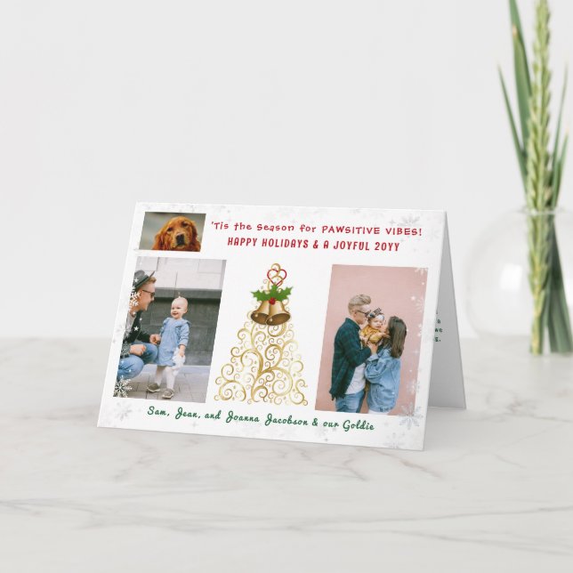 Cute Funny Dog Cat Pawsitive 3 Photos Elegant Holiday Card (Front)
