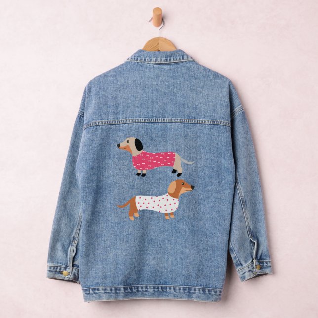 Cute Funny Dog Dachshund Lovers Pink & White  Denim Jacket (Hangar)