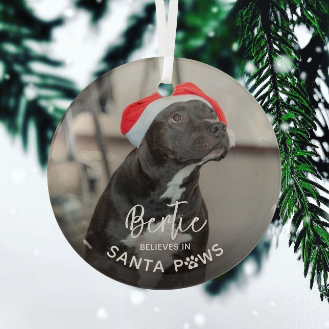 Cute Funny Dog Photo 'Believe in Santa Paws' Glass Tree Decoration (Creator Uploaded)