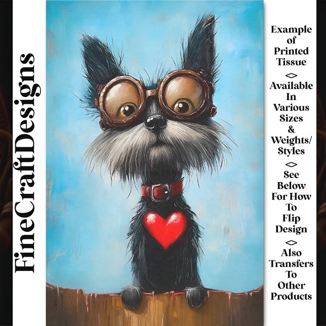 Cute Funny Dog & Red Heart & Goggles BW9 Decoupage Tissue Paper (Creator Uploaded)