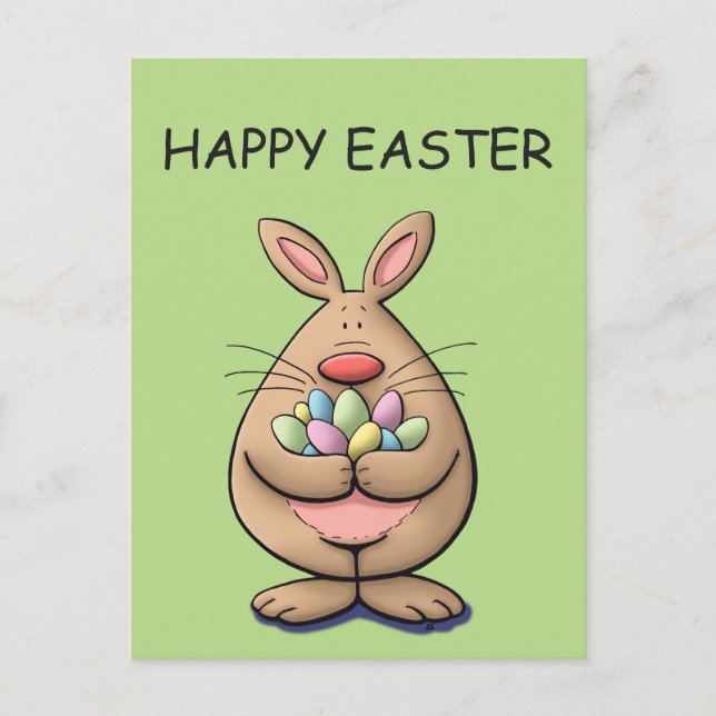 cute & funny easter bunny holding eggs cartoon holiday postcard (Front)