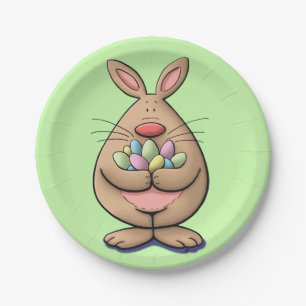 cute & funny easter bunny holding eggs cartoon paper plate