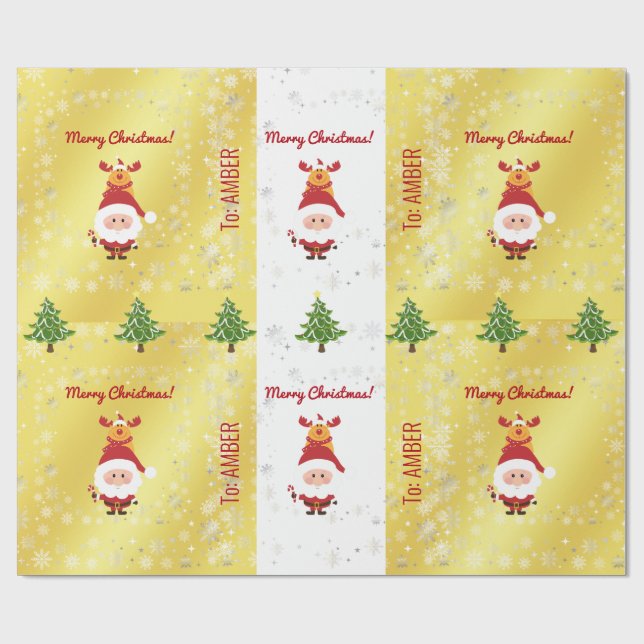 Cute Funny Elegant Rudolph Santa Personalised Xmas Wrapping Paper (Flat)