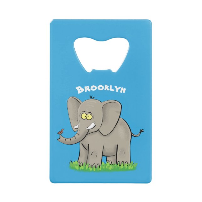 Cute funny elephant with bird on trunk cartoon (Front)