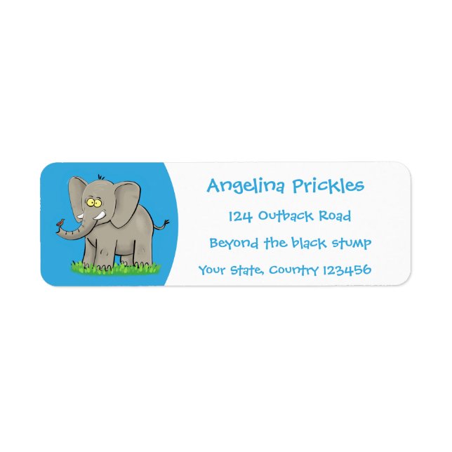 Cute funny elephant with bird on trunk cartoon (Front)