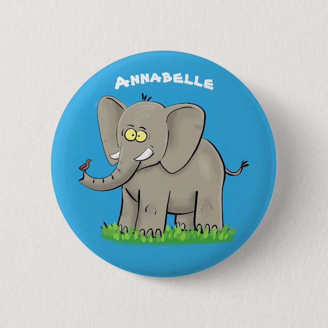 Cute funny elephant with bird on trunk cartoon 6 cm round badge (Front)