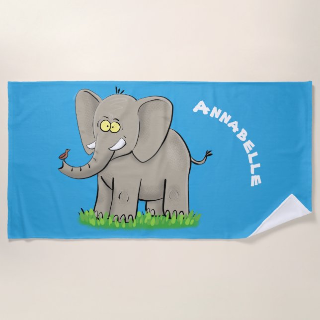 Cute funny elephant with bird on trunk cartoon beach towel (Front)