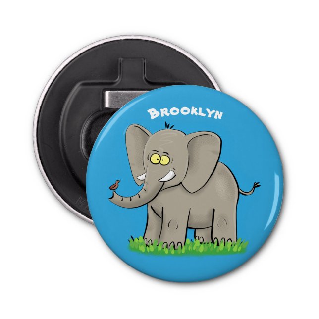 Cute funny elephant with bird on trunk cartoon bottle opener (Front)