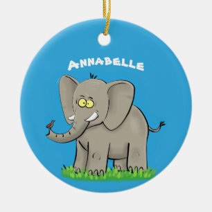 Cute funny elephant with bird on trunk cartoon ceramic tree decoration