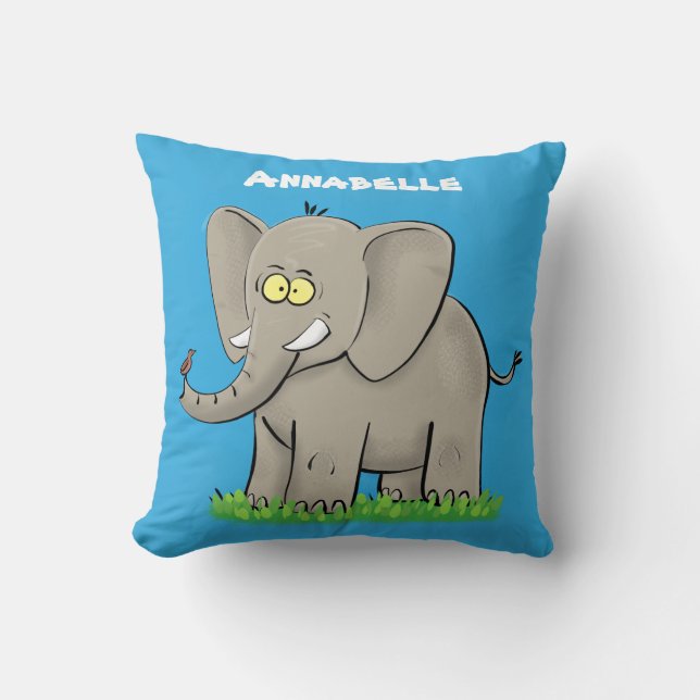 Cute funny elephant with bird on trunk cartoon cushion (Front)