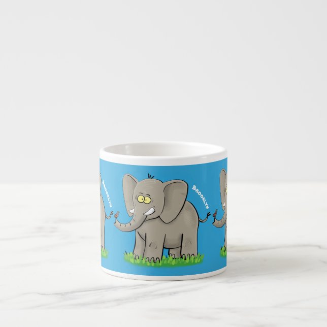 Cute funny elephant with bird on trunk cartoon espresso cup (Front)