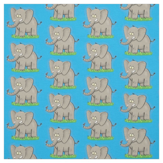 Cute funny elephant with bird on trunk cartoon fabric (Swatch)