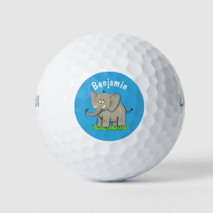 Cute funny elephant with bird on trunk cartoon golf balls