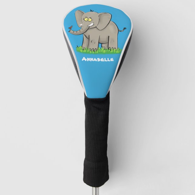 Cute funny elephant with bird on trunk cartoon golf head cover (Front)