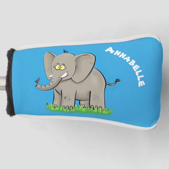 Cute funny elephant with bird on trunk cartoon golf head cover (Front)