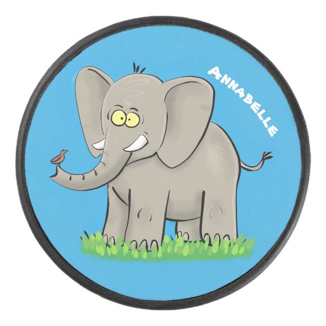 Cute funny elephant with bird on trunk cartoon hockey puck (Front)
