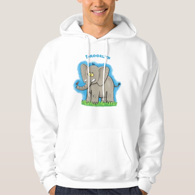 Cute funny elephant with bird on trunk cartoon hoodie (Front)