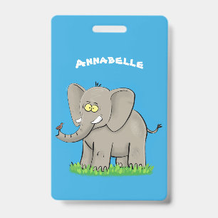 Cute funny elephant with bird on trunk cartoon ID badge