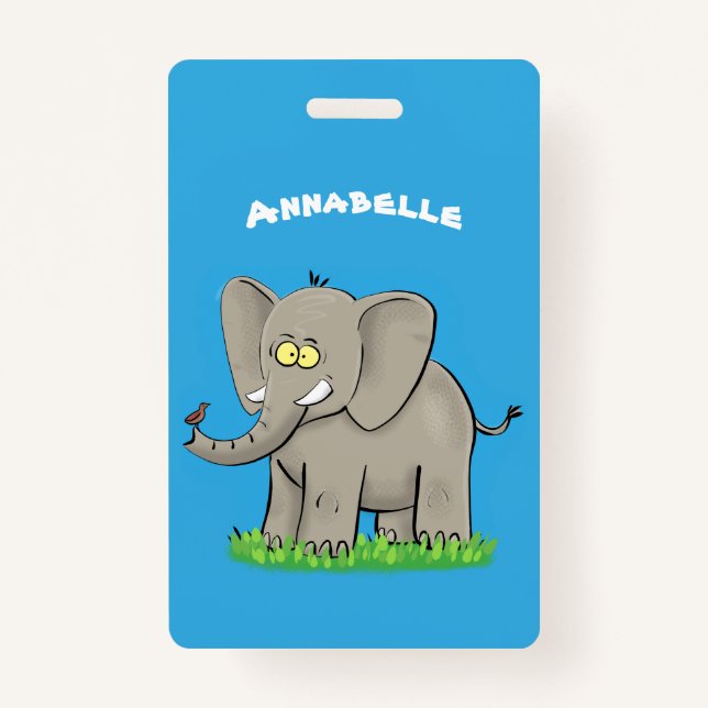 Cute funny elephant with bird on trunk cartoon ID badge (Front)